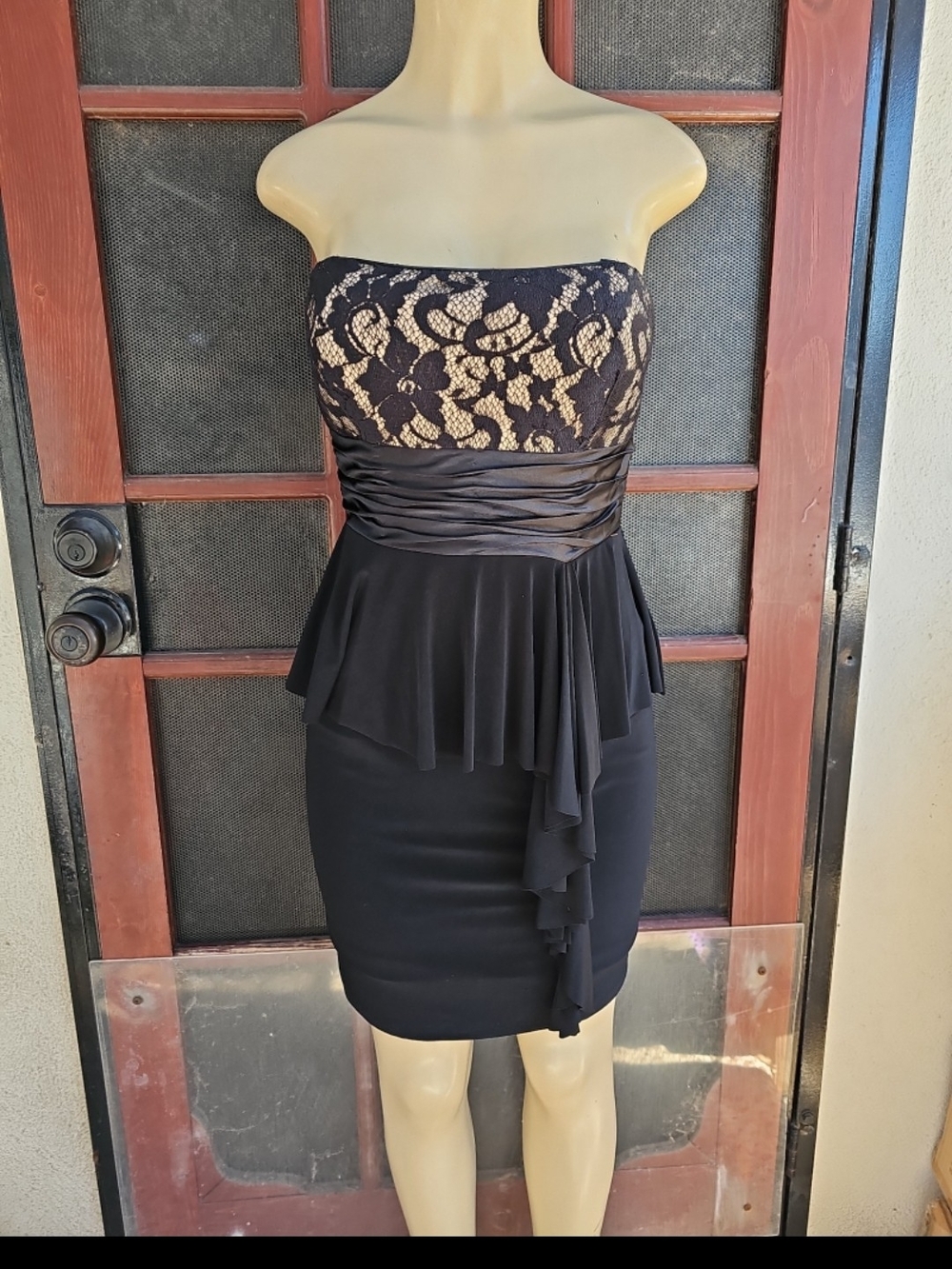 Onyx Nite Strapless Black Lace Peplum Cocktail Dress